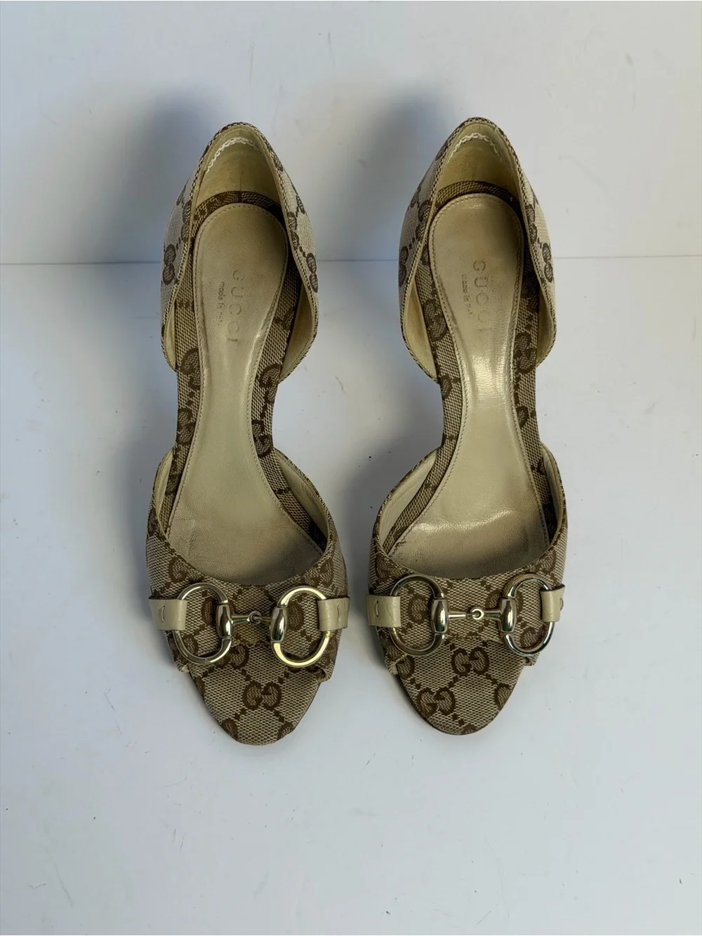 Gucci GG Canvas Hollywood Horsebit D'Orsay Peep Toe Heels Size 34.5